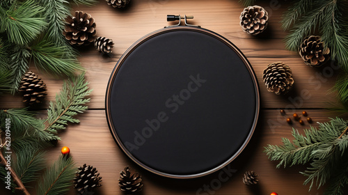 Embroidery hoop with empty black color canvas, background image, flat lay, Christmas scenery