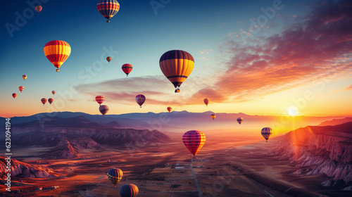 Many colorful hot air balloons in the sky over the mountains at sunrise