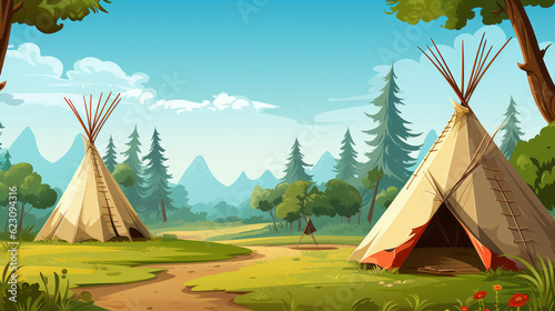 Illustration of an indian native american village with teepee tents photo