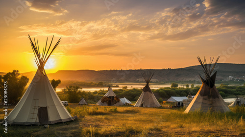 Vászonkép View of an indian native american village with teepee tents