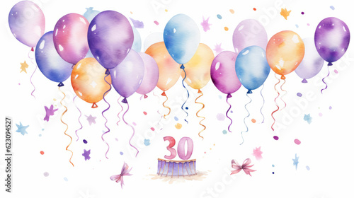 Watercolor 30th birthday clip art with 30 figures and balloons isolated on white background