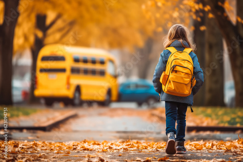 Little girl walking towards yellow school bus. Education and learning in school. Generative AI