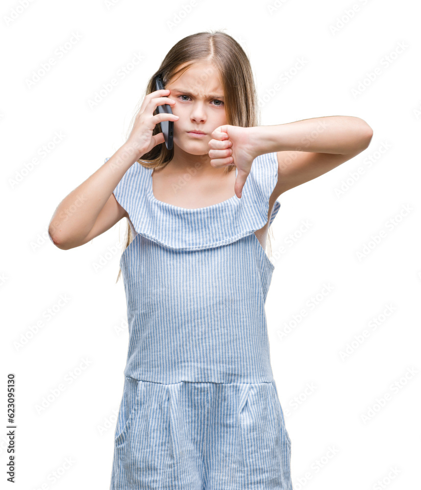 Young beautiful girl talking on the phone over isolated background with angry face, negative sign showing dislike with thumbs down, rejection concept Young beautiful girl talking on the phone over isolated background with angry face, negative sign showing dislike with thumbs down, rejection concept