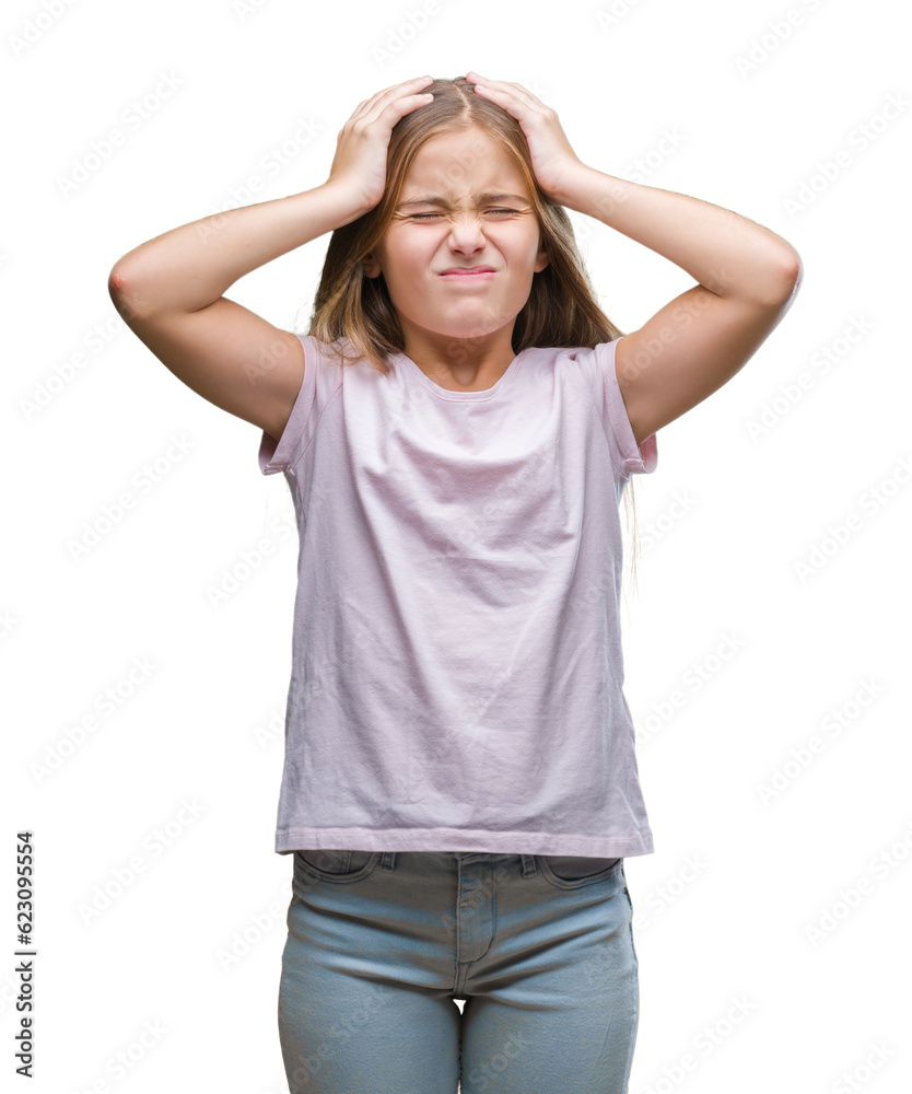 Young beautiful girl over isolated background suffering from headache desperate and stressed because pain and migraine. Hands on head. Young beautiful girl over isolated background suffering from headache desperate and stressed because pain and migraine. Hands on head.