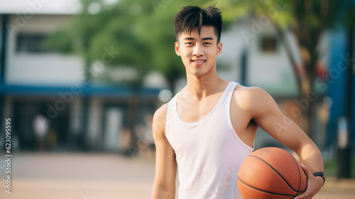 Young Asian athlete man in white tank top holding a basketball