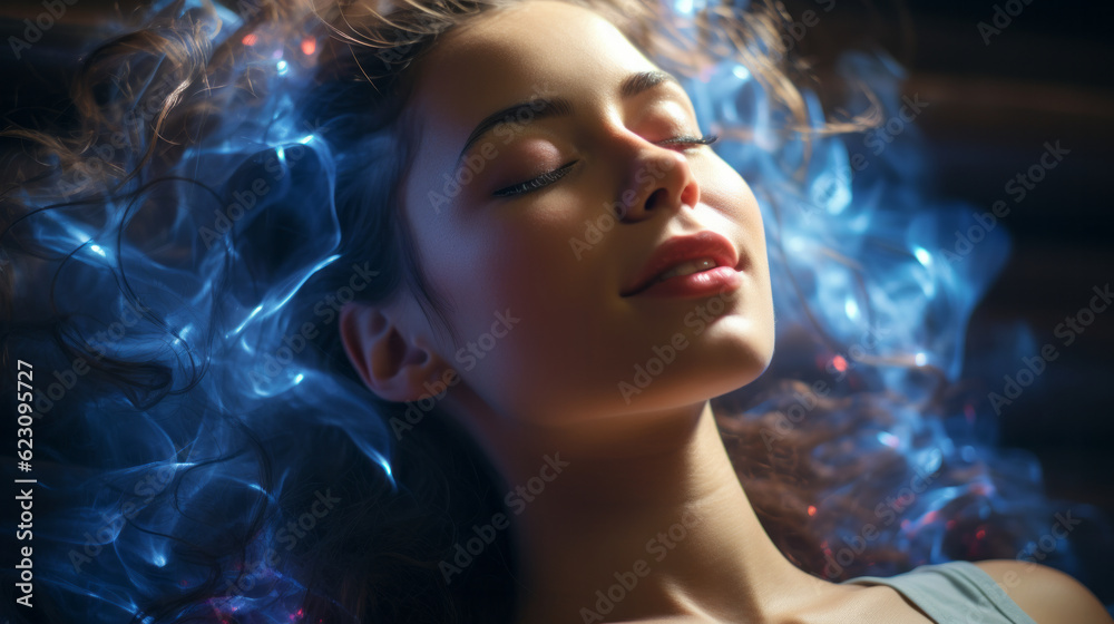 Portrait of a woman doing energy therapy with energy power flowing around her Portrait of a woman doing energy therapy with energy power flowing around her