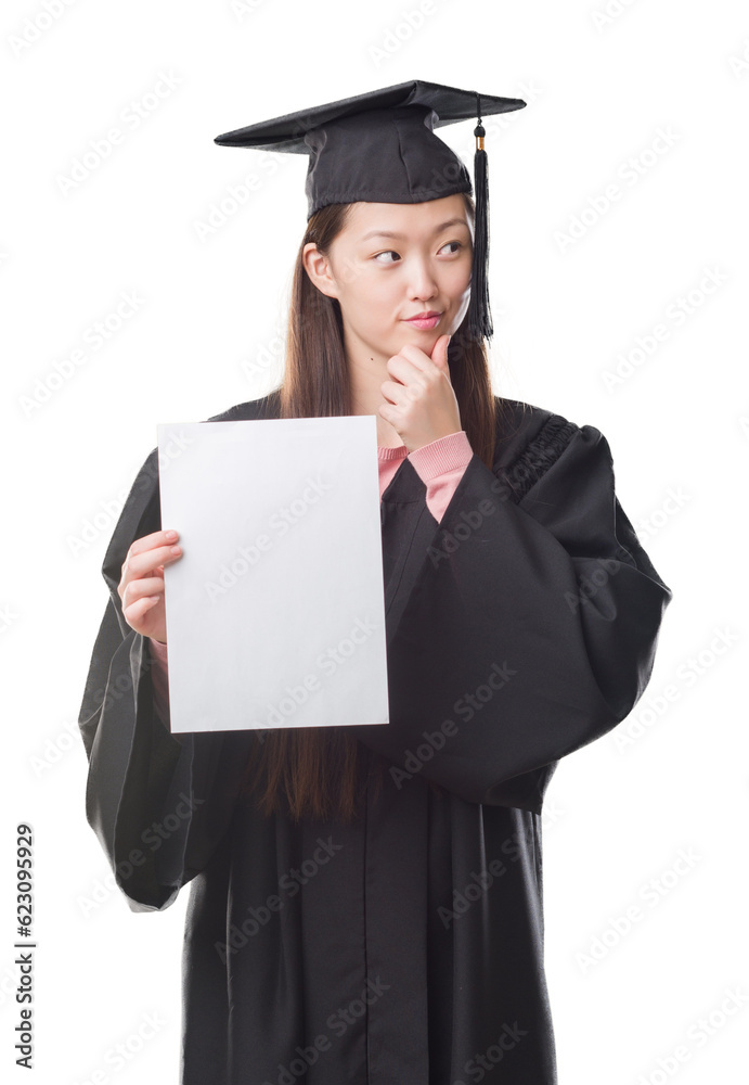 Young Chinese woman wearing graduate uniform holding paper degree serious face thinking about question, very confused idea Young Chinese woman wearing graduate uniform holding paper degree serious face thinking about question, very confused idea