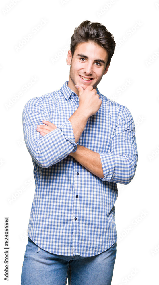 Young handsome business man over isolated background looking confident at the camera with smile with crossed arms and hand raised on chin. Thinking positive. Young handsome business man over isolated background looking confident at the camera with smile with crossed arms and hand raised on chin. Thinking positive.