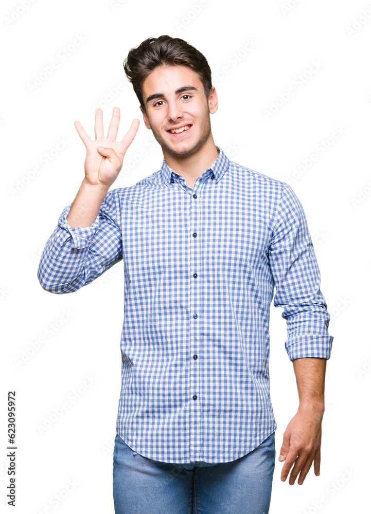 Young handsome business man over isolated background showing and pointing up with fingers number four while smiling confident and happy. Young handsome business man over isolated background showing and pointing up with fingers number four while smiling confident and happy.