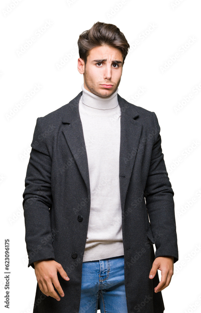 Young elegant man wearing winter coat over isolated background depressed and worry for distress, crying angry and afraid. Sad expression. Young elegant man wearing winter coat over isolated background depressed and worry for distress, crying angry and afraid. Sad expression.