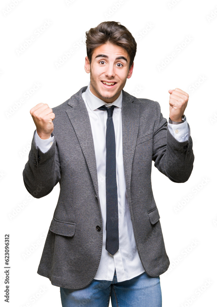 Young business man wearing suit and tie over isolated background celebrating surprised and amazed for success with arms raised and open eyes. Winner concept. Young business man wearing suit and tie over isolated background celebrating surprised and amazed for success with arms raised and open eyes. Winner concept.