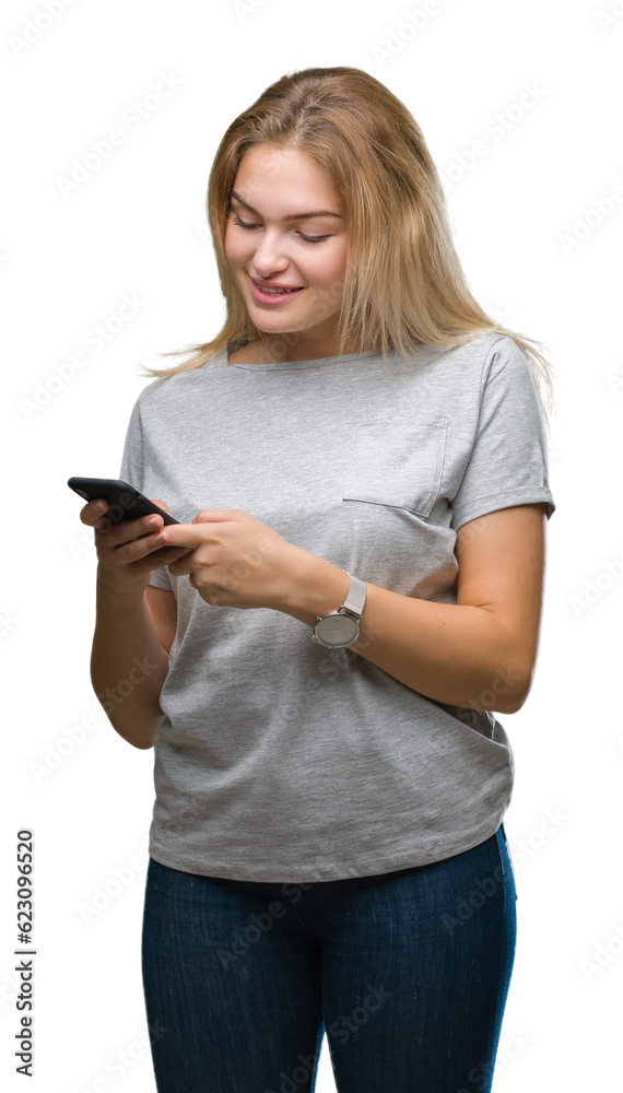 Young caucasian woman sending message using smartphone over isolated background with a happy face standing and smiling with a confident smile showing teeth Young caucasian woman sending message using smartphone over isolated background with a happy face standing and smiling with a confident smile showing teeth