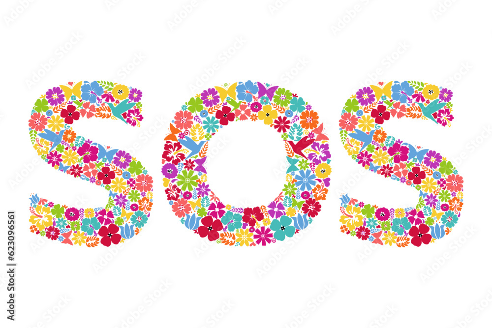 SOS icon. Floral symbols forming the word SOS. Floral ornament in the form of letters S and O.
