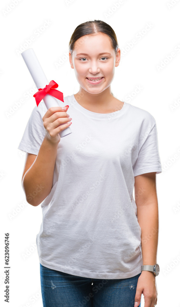 Young caucasian woman holding degree over isolated background with a happy face standing and smiling with a confident smile showing teeth Young caucasian woman holding degree over isolated background with a happy face standing and smiling with a confident smile showing teeth