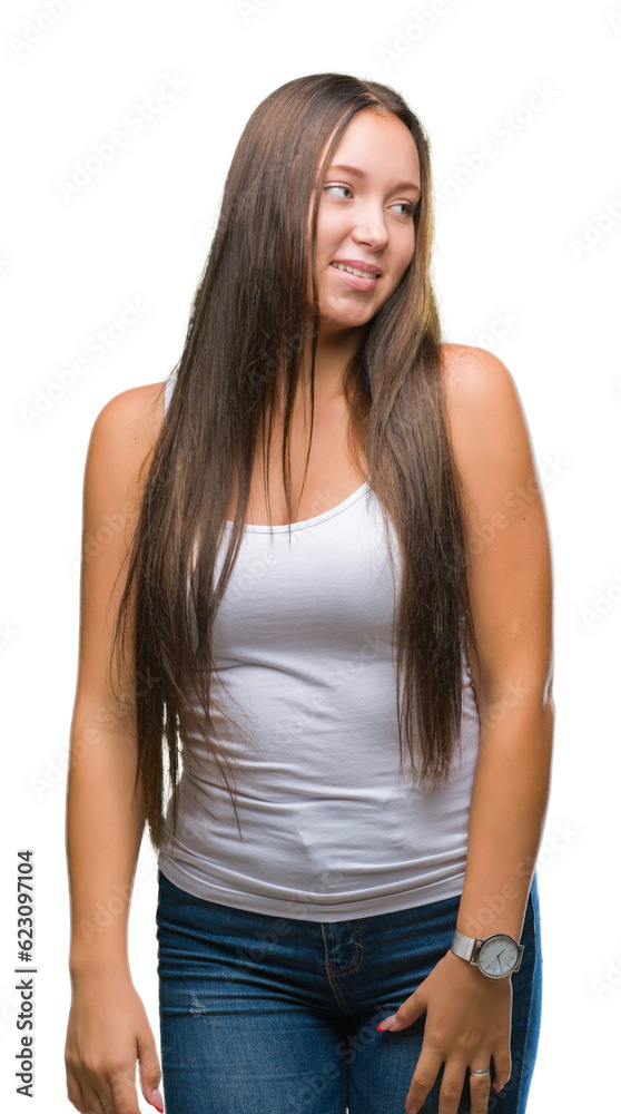 Young caucasian beautiful woman over isolated background looking away to side with smile on face, natural expression. Laughing confident. Young caucasian beautiful woman over isolated background looking away to side with smile on face, natural expression. Laughing confident.