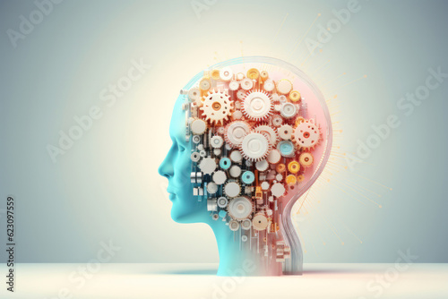 Illustration d'une tête humaine de profil avec des rouages et engrenages comme cerveau pour symboliser la pensée, la réflexion sur un fond uni pastel  photo
