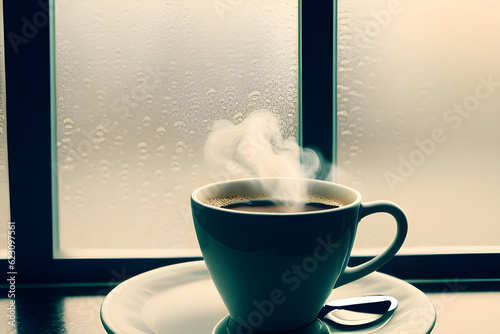 A cup of latte coffee steaming by the rainy window.Generative AI
