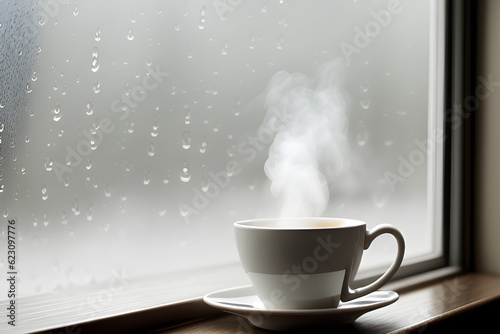 A cup of latte coffee steaming by the rainy window.Generative AI