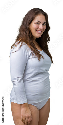 Beautiful plus size young overwight woman wearing white underwear over isolated background with a happy and cool smile on face. Lucky person.