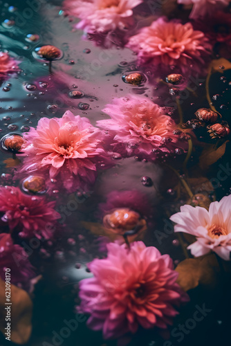 Delicate pink spring blossoms in the water. Romantic aesthetic natural concept. Aesthetic surreal flower layout.