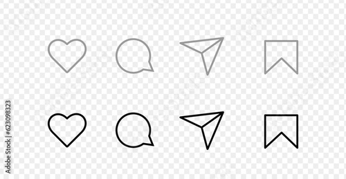 Icon UI set on transparent backdrop. Like, comment, send, save on background. Social media symbols in light and dark colours. Social media interface icon app. Vector illustration.