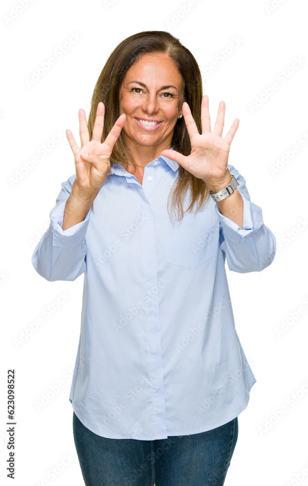 Beautiful middle age business adult woman over isolated background showing and pointing up with fingers number nine while smiling confident and happy. Beautiful middle age business adult woman over isolated background showing and pointing up with fingers number nine while smiling confident and happy.