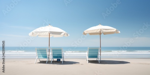 beach chairs and umbrella on the beach, Photographic Capture of Two Blue Chairs on the Beach, Accompanied by a Light Blue Umbrella,  in the Style of a Serene Summer Oasis © Ben
