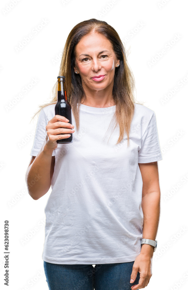 Middle age hispanic woman drinking beer over isolated background with a confident expression on smart face thinking serious Middle age hispanic woman drinking beer over isolated background with a confident expression on smart face thinking serious