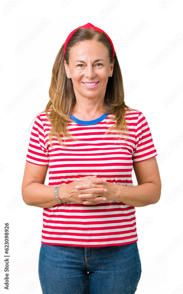Beautiful middle age woman wearing casual stripes t-shirt over isolated background Hands together and fingers crossed smiling relaxed and cheerful. Success and optimistic Beautiful middle age woman wearing casual stripes t-shirt over isolated background Hands together and fingers crossed smiling relaxed and cheerful. Success and optimistic