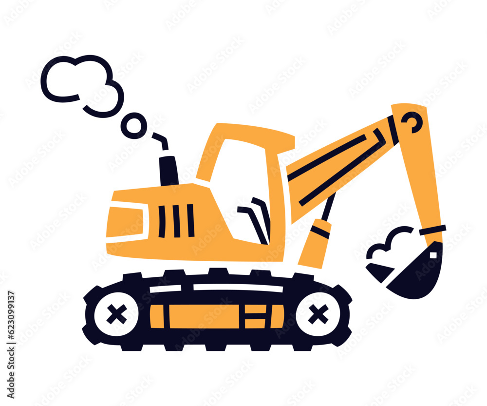 Yellow Excavator as Construction Equipment and Heavy Machine for Industrial Work Vector Illustration