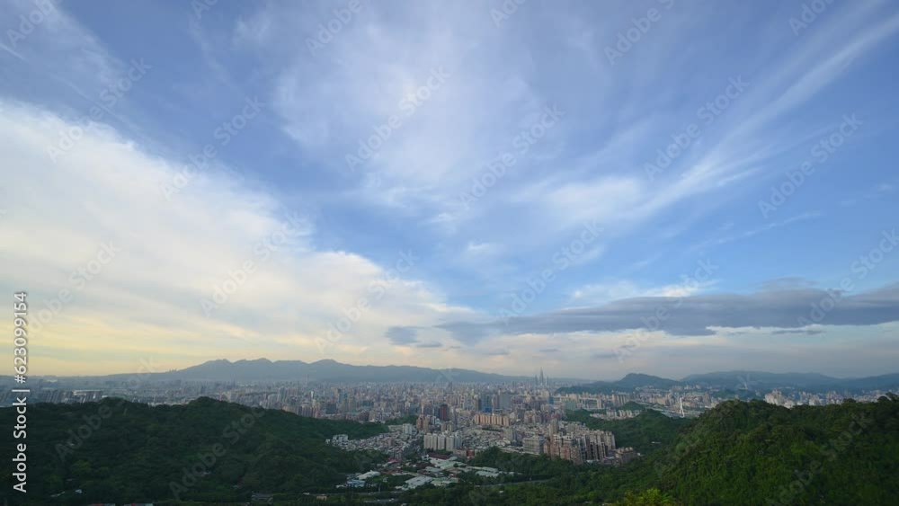 Blue sky and white clouds, peaceful scenery of Taipei City in the afternoon. Zhonghe Hongludi (Earth God Temple) is located in Nanshijiao Mountain, Blue sky and white clouds, peaceful scenery of Taipei City in the afternoon. Zhonghe Hongludi (Earth God Temple) is located in Nanshijiao Mountain,