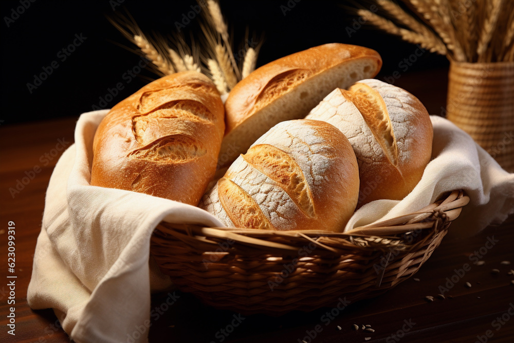 delicious bread in basket, generative ai