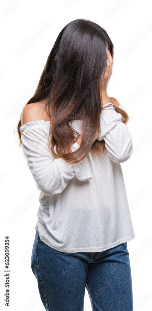 Young asian woman over isolated background with sad expression covering face with hands while crying. Depression concept. Young asian woman over isolated background with sad expression covering face with hands while crying. Depression concept.