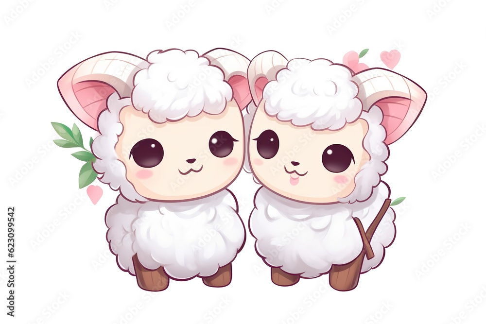 Fototapeta premium kawaii cute goats, sheep sticker images, in the style of kawaii art, meme art, animated gifs isolated white background PNG