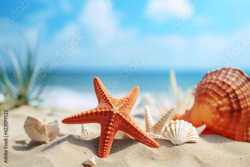 beautiful starfish and seashells on sand beach, generative ai