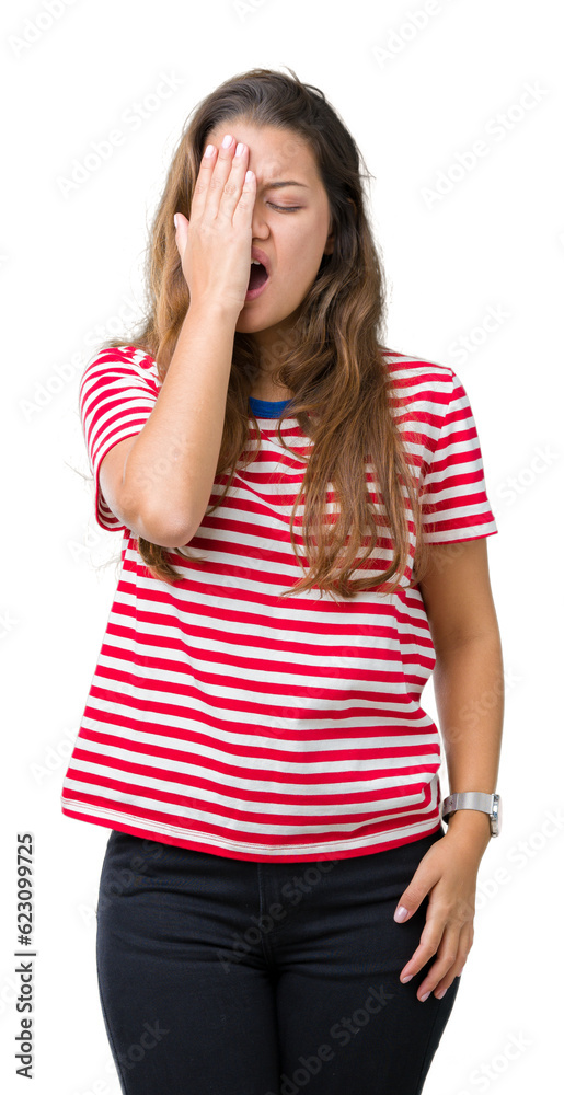 Young beautiful brunette woman wearing stripes t-shirt over isolated background Yawning tired covering half face, eye and mouth with hand. Face hurts in pain. Young beautiful brunette woman wearing stripes t-shirt over isolated background Yawning tired covering half face, eye and mouth with hand. Face hurts in pain.