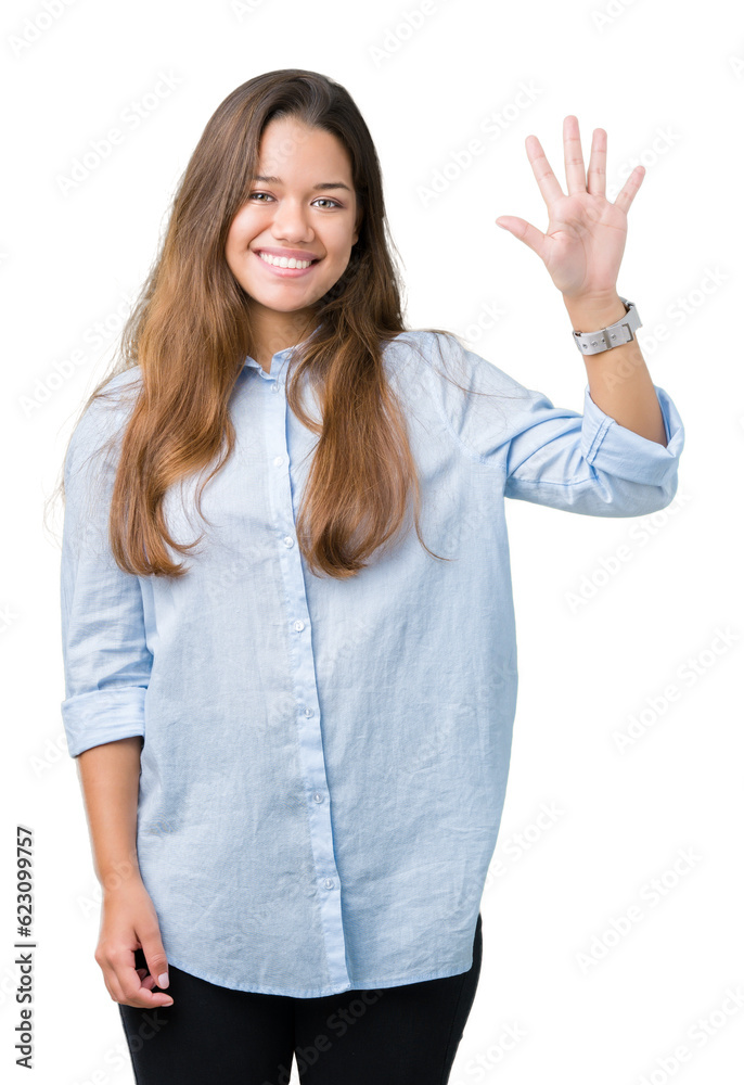 Young beautiful brunette business woman over isolated background showing and pointing up with fingers number five while smiling confident and happy. Young beautiful brunette business woman over isolated background showing and pointing up with fingers number five while smiling confident and happy.