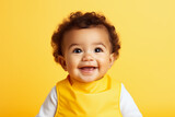 cute baby wearing bib on yellow background, generative ai