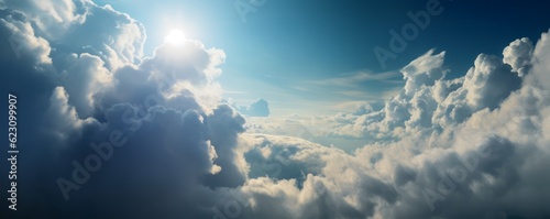 Photographic Capture of Clouds in the Sunshine with a Blue Sky, Illuminated in Ethereal Imagery of Light White and Light Aquamarine