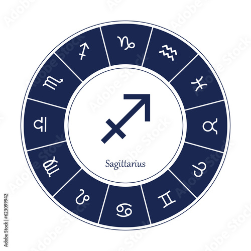 Sagittarius sign . Vector illustration. Sagittarius zodiac sign symbole on white background horoscope astrology. Zodiac sign. Astrological calendar. Zodiacal black and white vector horoscope. Line