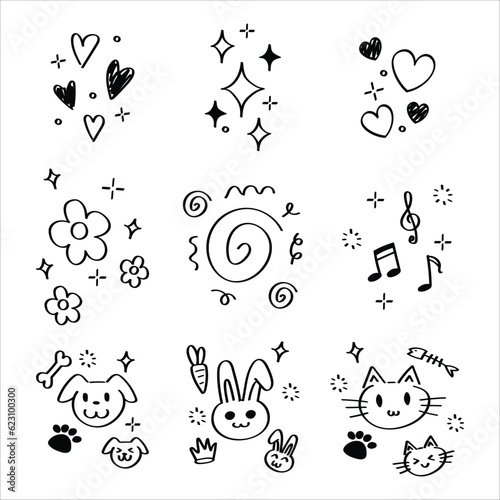 Hand Drawn Doodles set, A Collection of Cute, Hearts, Dogs, Cats, Rabbits, Stars, lines, and Decorative Elements in a simple design style with Vector Illustrations