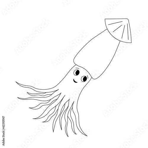 Isolated doodle squid black and white. Outline vector illustration Icon sea animals. Ocean dweller