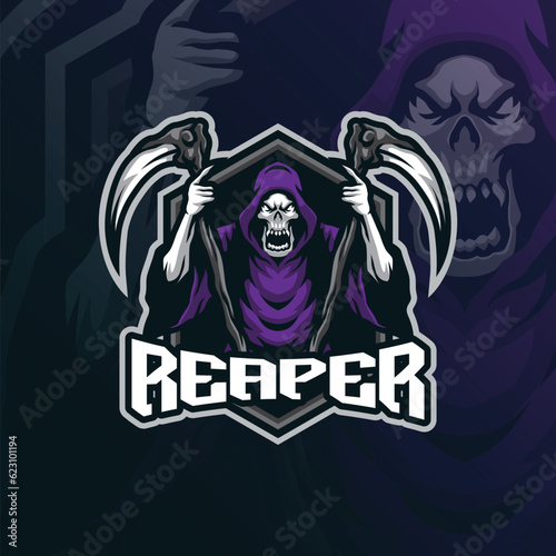 reaper mascot logo design with modern illustration concept style for badge, emblem and t shirt printing. reaper illustration for sport and esport team.