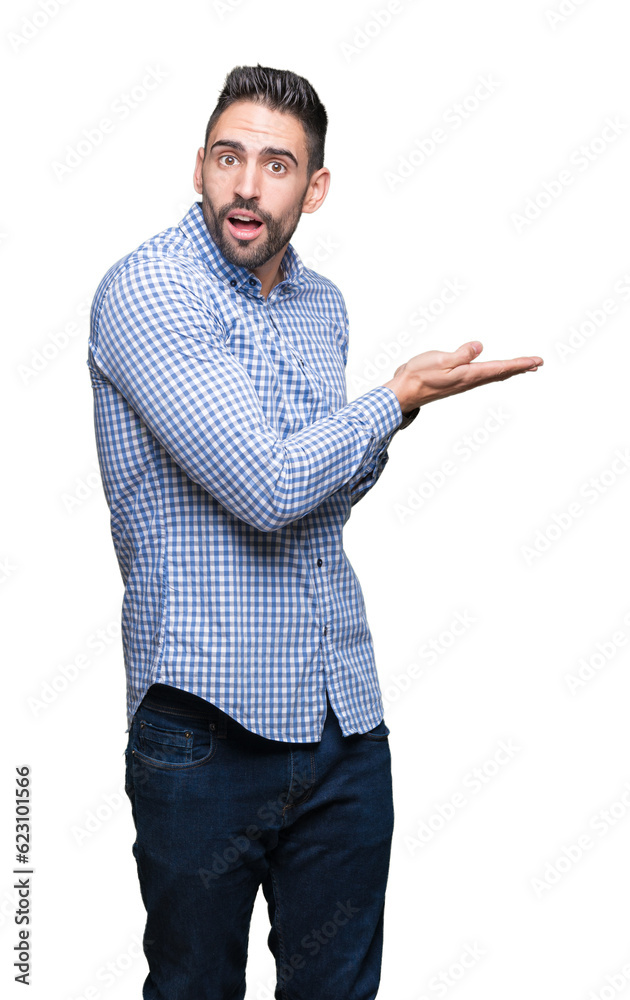 Young handsome man over isolated background Pointing to the side with hand and open palm, presenting ad smiling happy and confident Young handsome man over isolated background Pointing to the side with hand and open palm, presenting ad smiling happy and confident