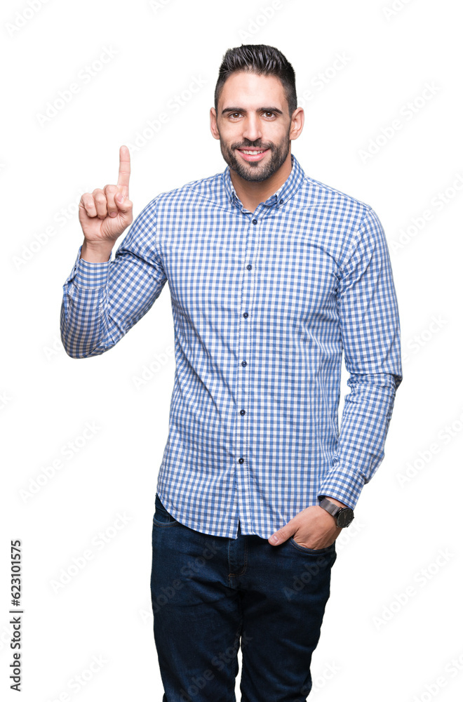 Young handsome man over isolated background showing and pointing up with finger number one while smiling confident and happy. Young handsome man over isolated background showing and pointing up with finger number one while smiling confident and happy.