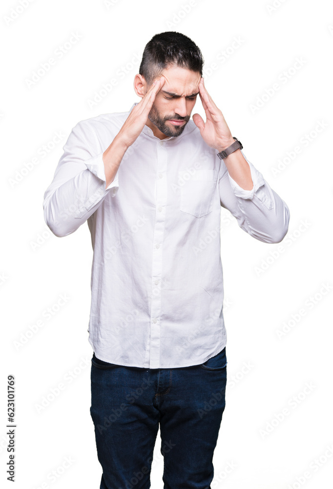 Young business man over isolated background with hand on head for pain in head because stress. Suffering migraine. Young business man over isolated background with hand on head for pain in head because stress. Suffering migraine.