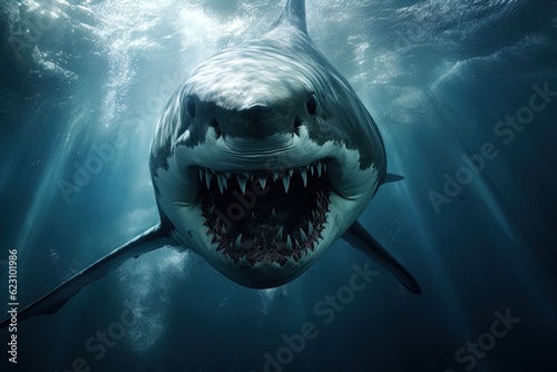 A ferocious great white shark attacks. Great for posters, wildlife stories, book covers and more. © DW