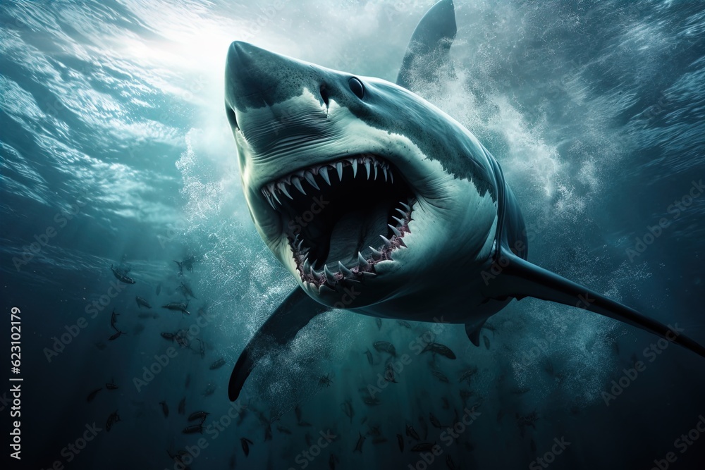 Fototapeta premium A ferocious great white shark attacks. Great for posters, wildlife stories, book covers and more.