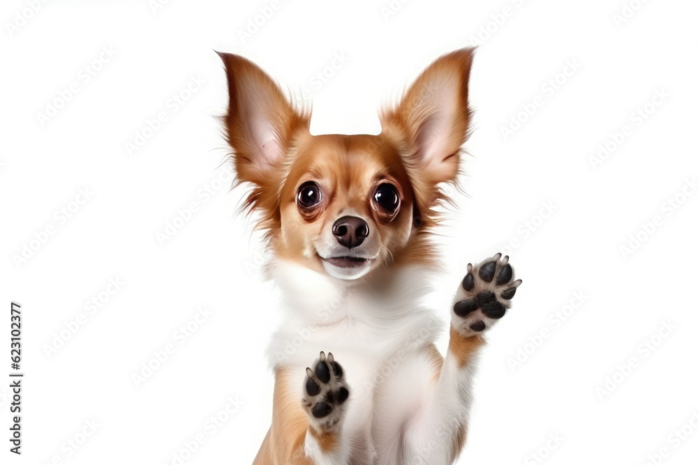Joyful little dog with raised paws up isolated on white background.
