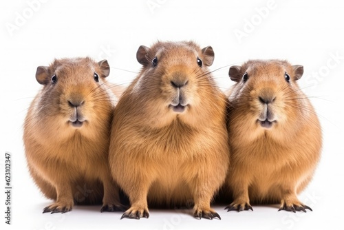 Three capybaras or guinea pigs isolated on white background.